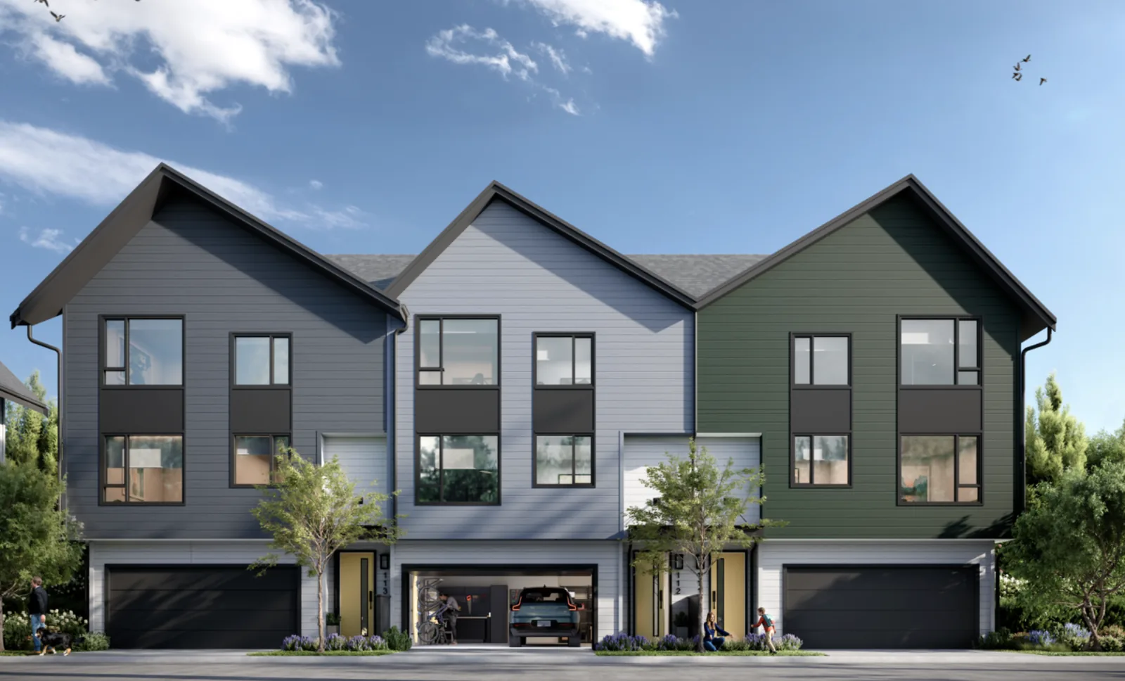 Rendering of Polygon's Beaumont townhomes on Burke Mountain, Coquitlam — three-storey homes with pitched rooflines, mixed siding colours and double garages