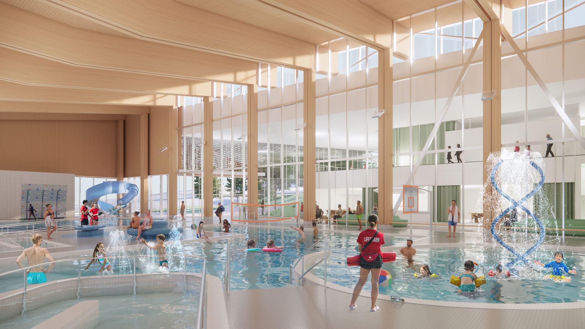 Burke Mountain Community Centre leisure pool rendering — lazy river, water slide, water features, families swimming, lifeguard on deck