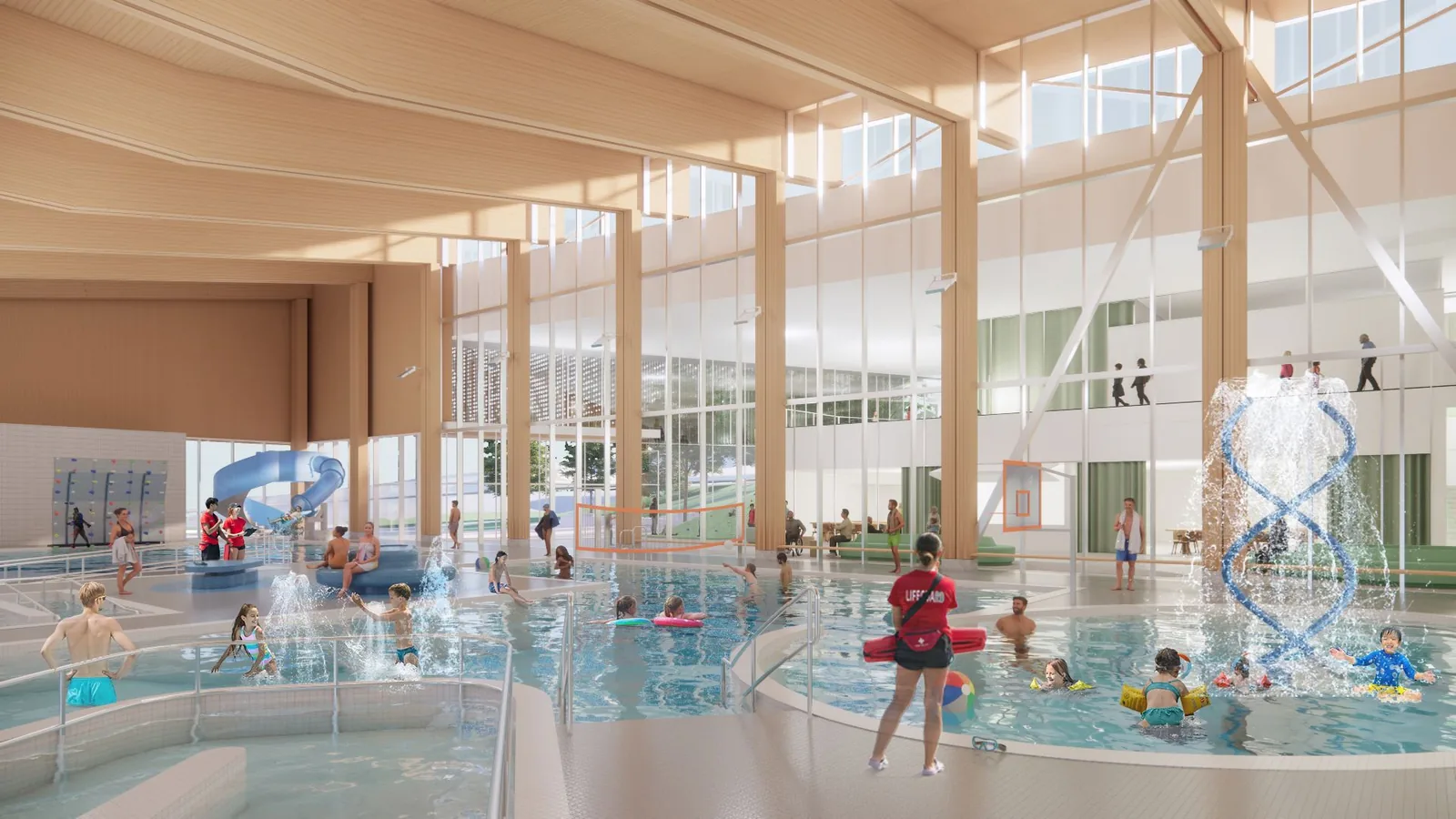 Burke Mountain Community Centre leisure pool rendering — lazy river, water slide, water features, families swimming, lifeguard on deck