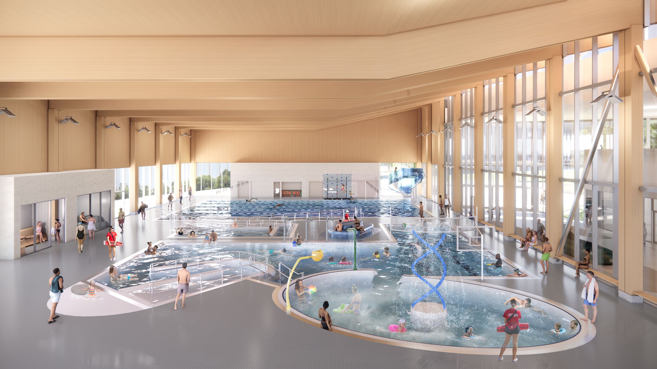 Burke Mountain Community Centre aquatics overview rendering — leisure pool and lap pool under timber ceiling, full-height windows