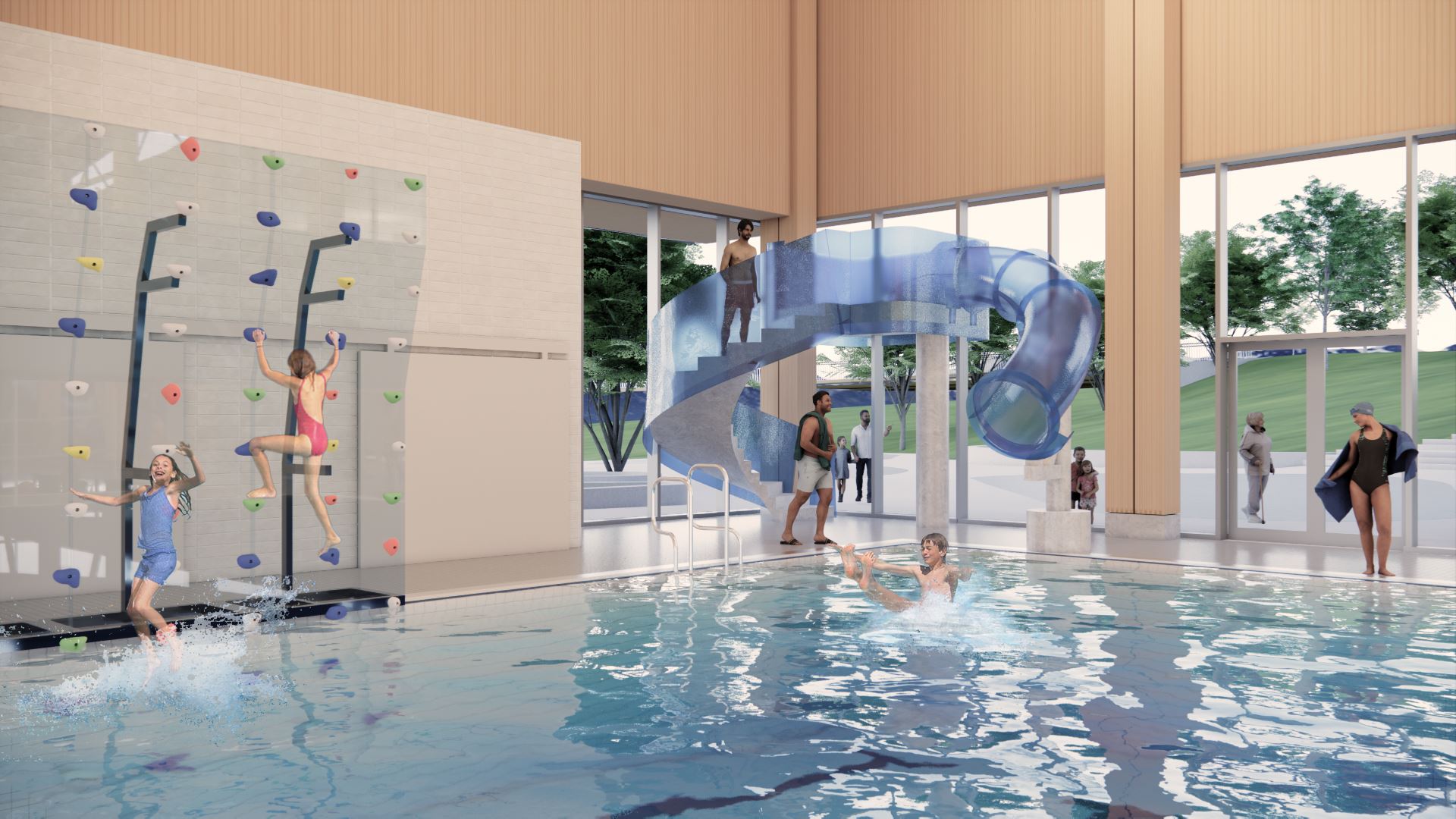 Burke Mountain Community Centre rendering of indoor climbing wall and pool drop slide with children playing