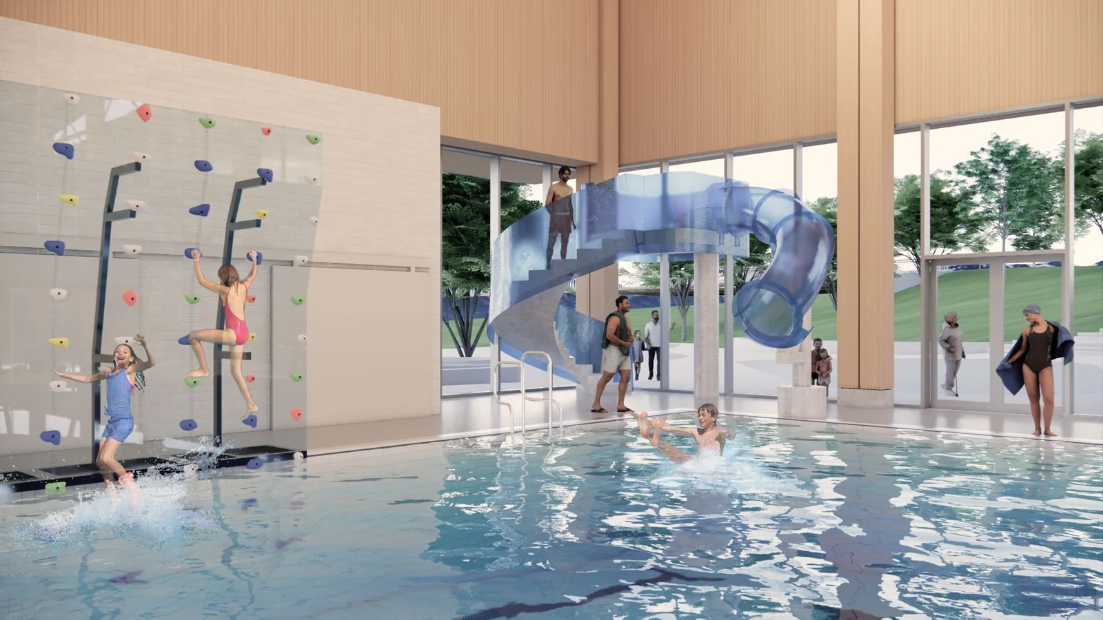Burke Mountain Community Centre rendering of indoor climbing wall and pool drop slide with children playing
