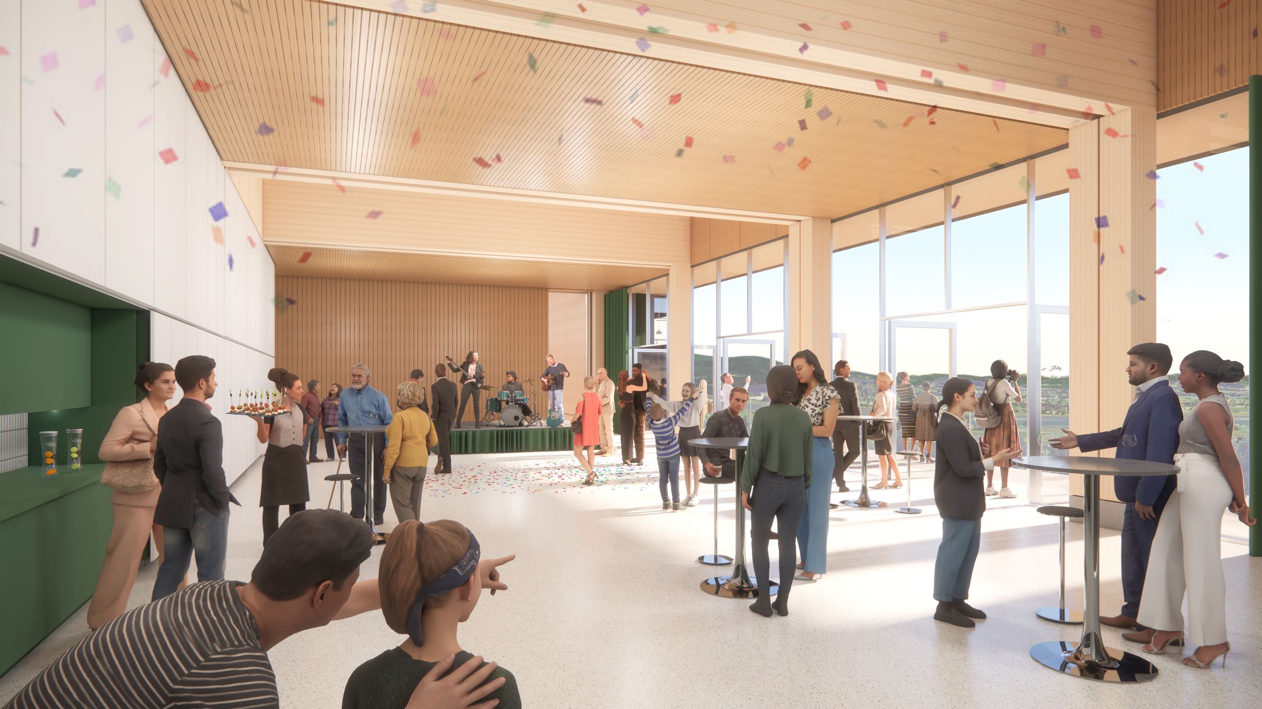Burke Mountain Community Centre multi-purpose event space rendering with people celebrating, confetti, and gathering tables