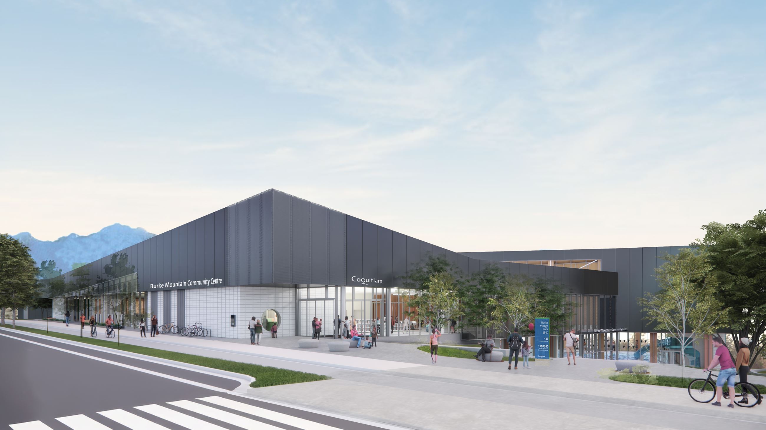 Burke Mountain Community Centre exterior rendering — main entrance at street level with mountains in the background