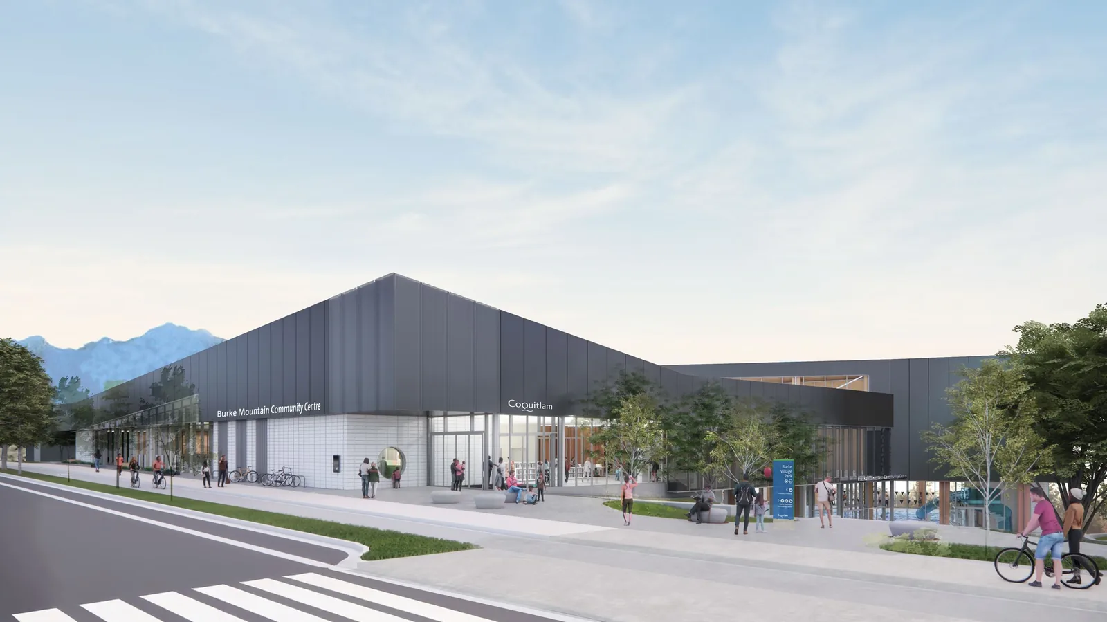 Burke Mountain Community Centre exterior rendering — main entrance at street level with mountains in the background