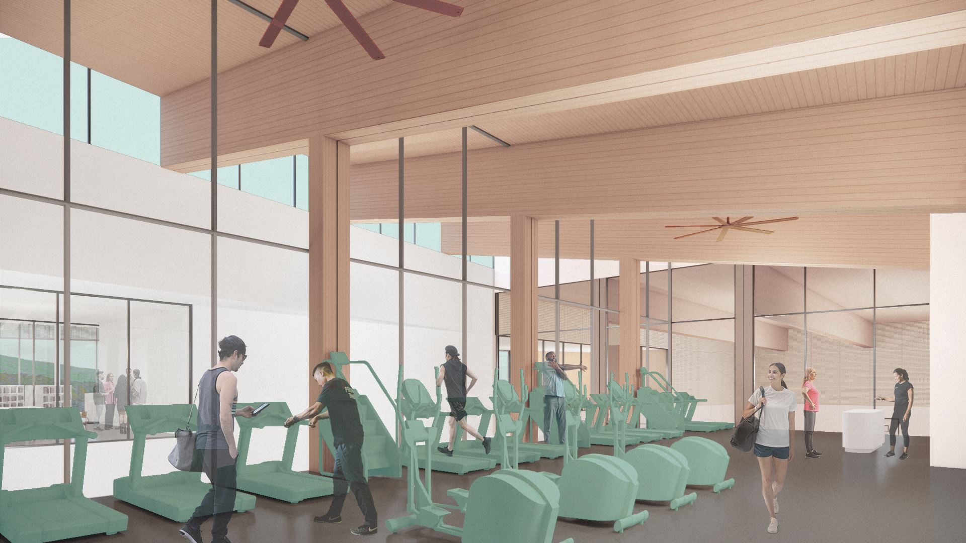 Burke Mountain Community Centre fitness centre rendering — treadmills, cardio equipment, full-height windows