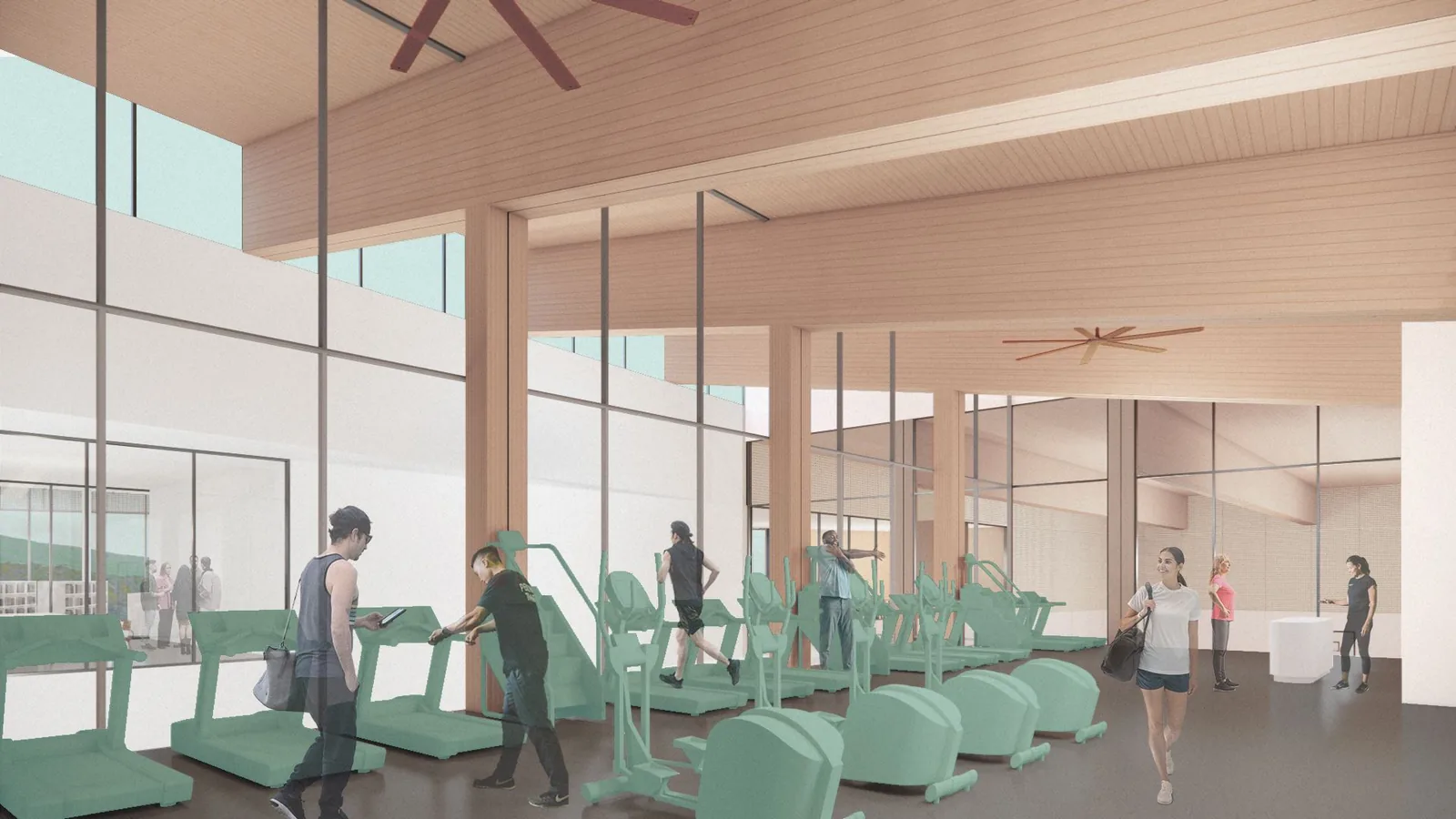Burke Mountain Community Centre fitness centre rendering — treadmills, cardio equipment, full-height windows