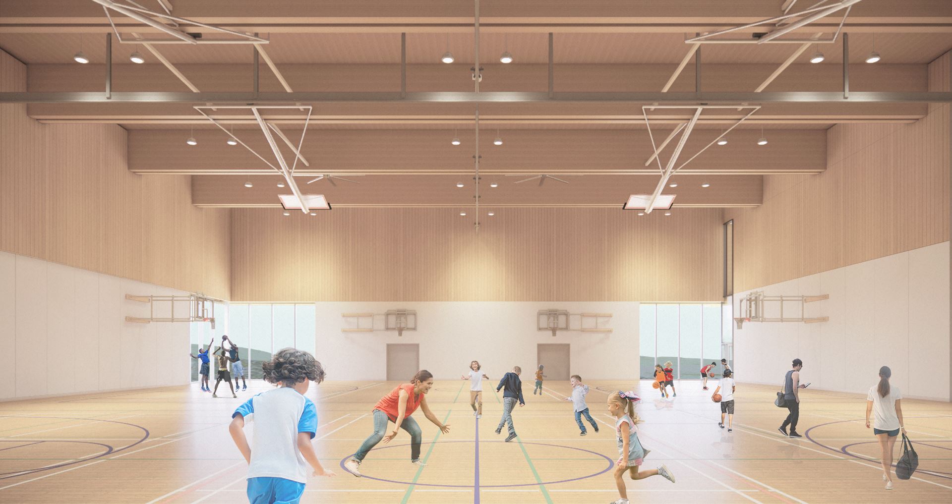 Burke Mountain Community Centre double gymnasium rendering with kids playing basketball and flexible sport-court configurations