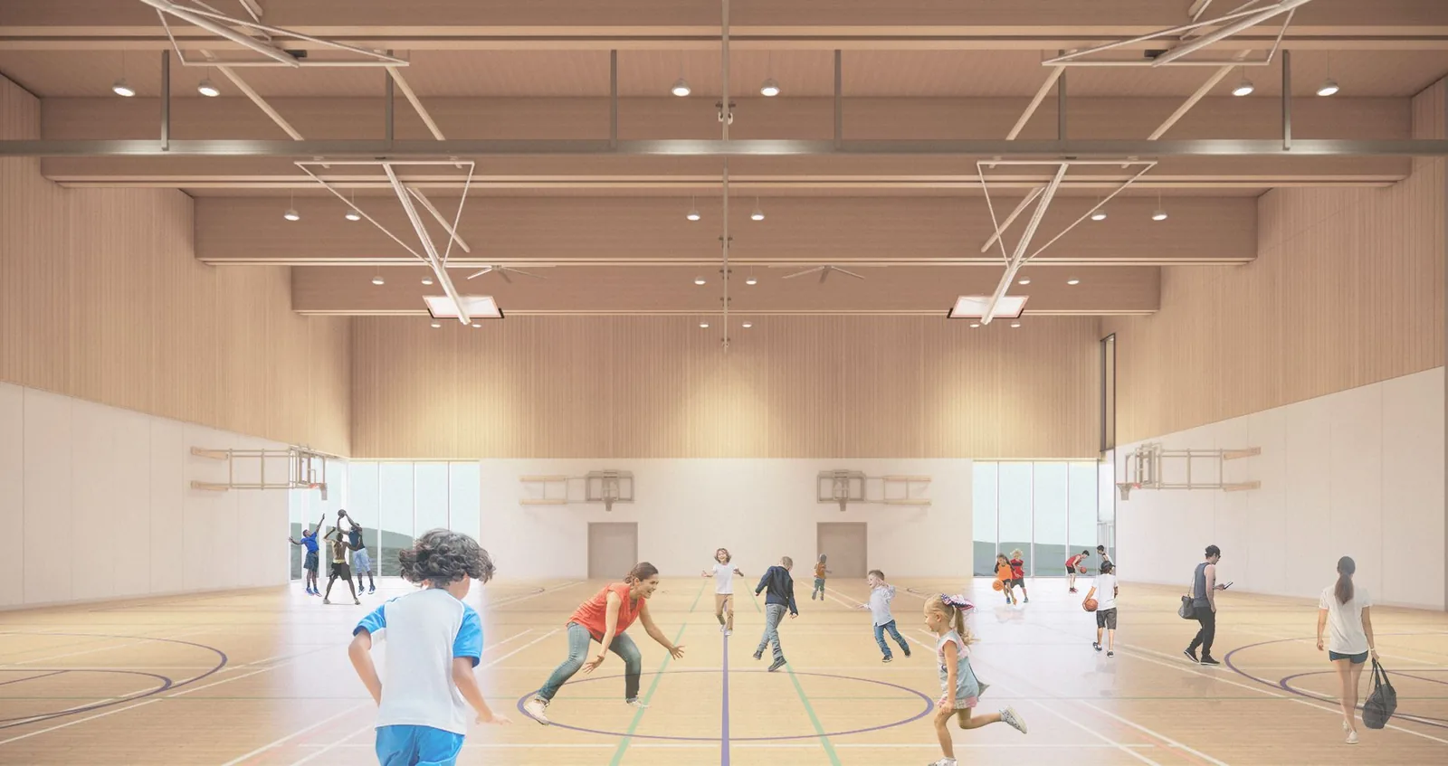Burke Mountain Community Centre double gymnasium rendering with kids playing basketball and flexible sport-court configurations