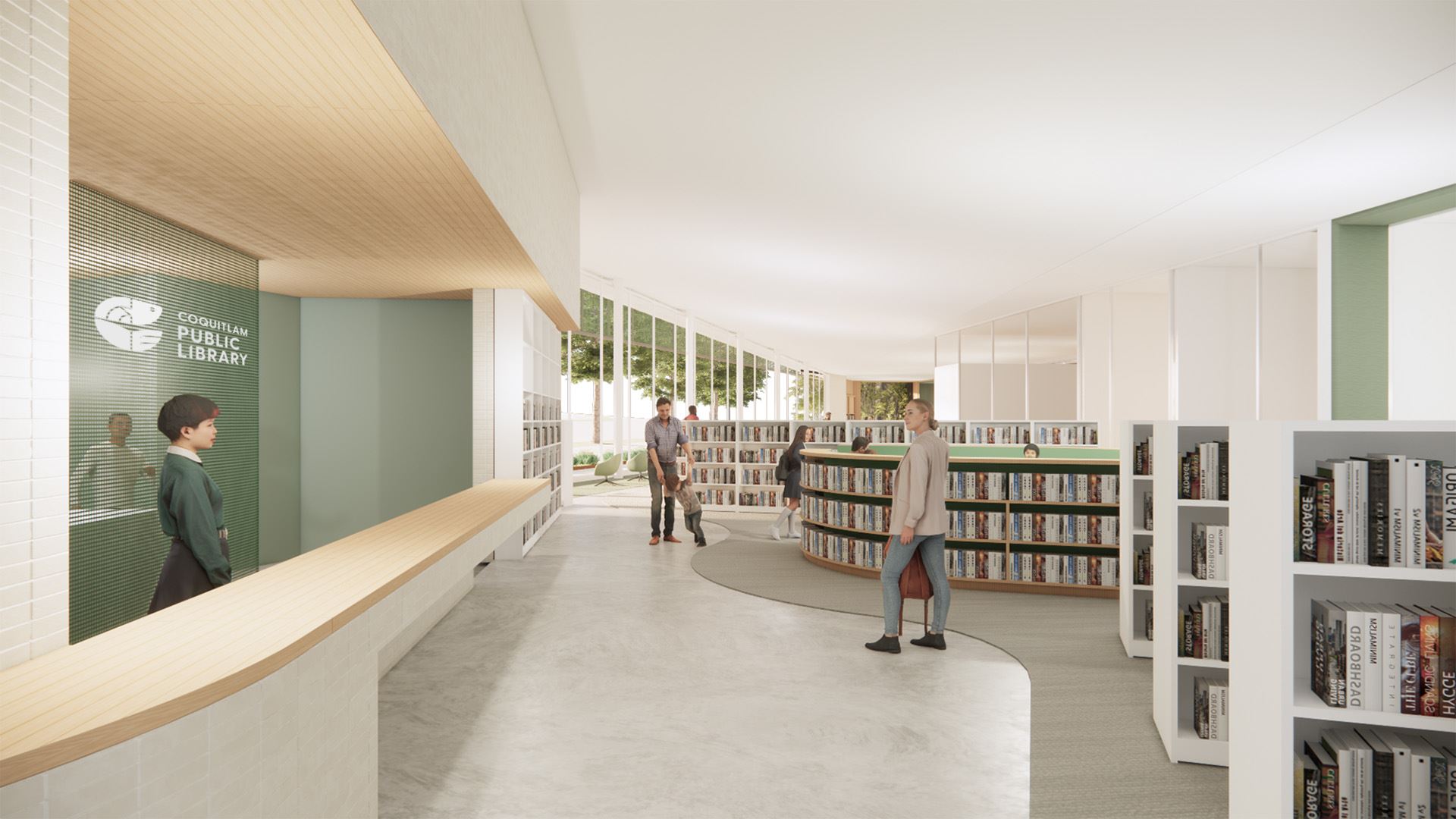 Burke Mountain Community Centre library branch rendering — Coquitlam Public Library branded wall, book stacks, central reading area