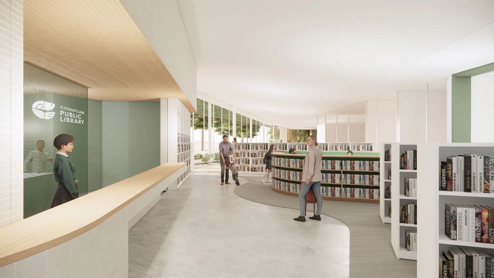 Burke Mountain Community Centre library branch rendering — Coquitlam Public Library branded wall, book stacks, central reading area