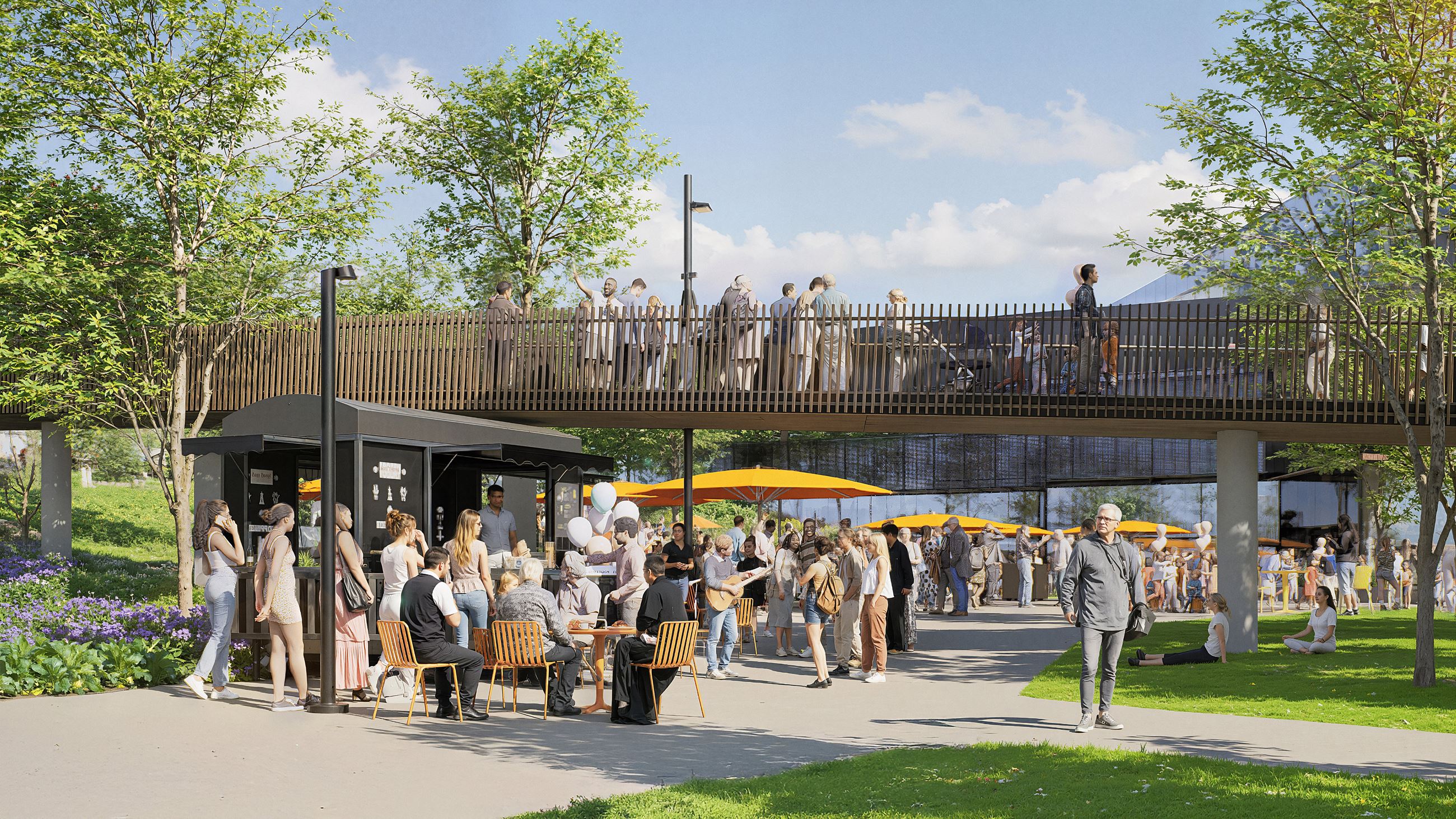 Burke Village Park rendering showing a pedestrian bridge, outdoor cafe seating, and walkway with parkland in foreground