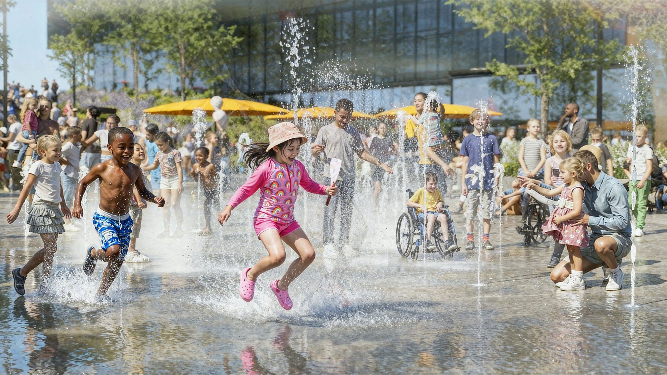 Burke Village Park splash pad rendering — children playing in water jets on a sunny day, with the Community Centre in the background