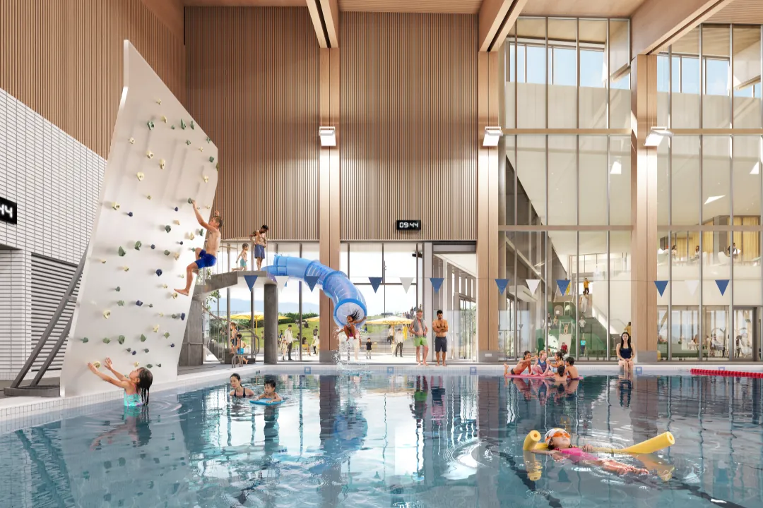 Pool climbing wall and drop slide at the Burke Mountain Community Centre
