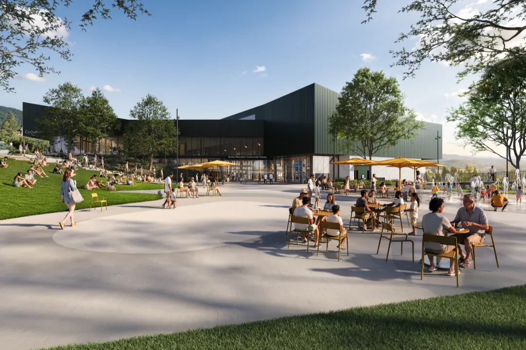 Burke Village Park plaza with cafe seating in front of the community centre