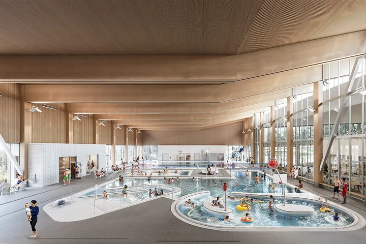 Leisure pool + lazy river: Warm leisure pool and lazy river under a timber ceiling. (City of Coquitlam rendering)