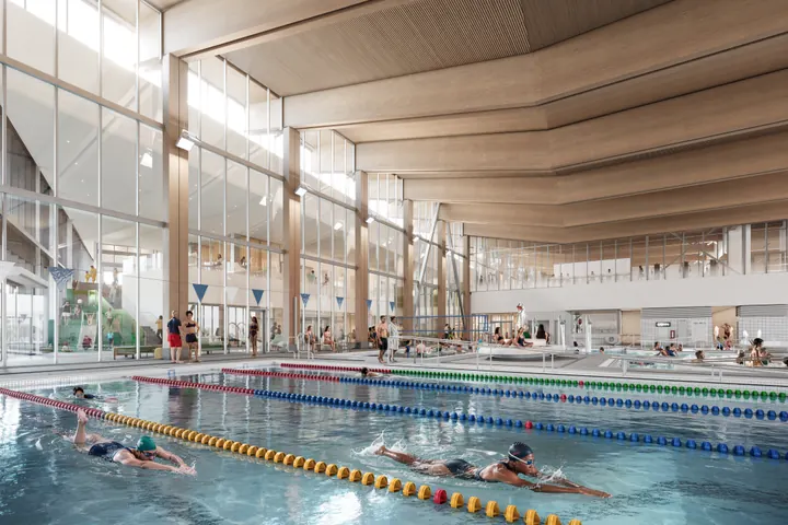 Six-lane lap pool: The lap pool, with full-height glazing on the mountain side. (City of Coquitlam rendering)