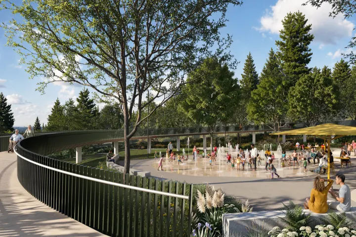 Water play: The interactive water feature, seen from the raised pathway. (City of Coquitlam rendering)