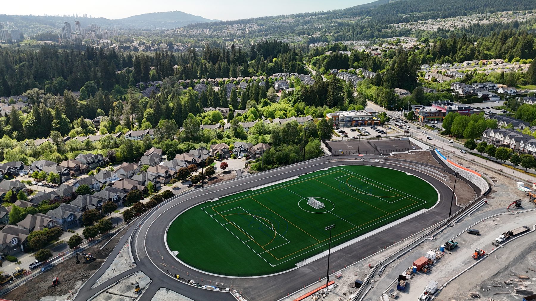 Burke Mountain Athletic Park construction progress — 8.9-acre site on David Avenue, May 2026