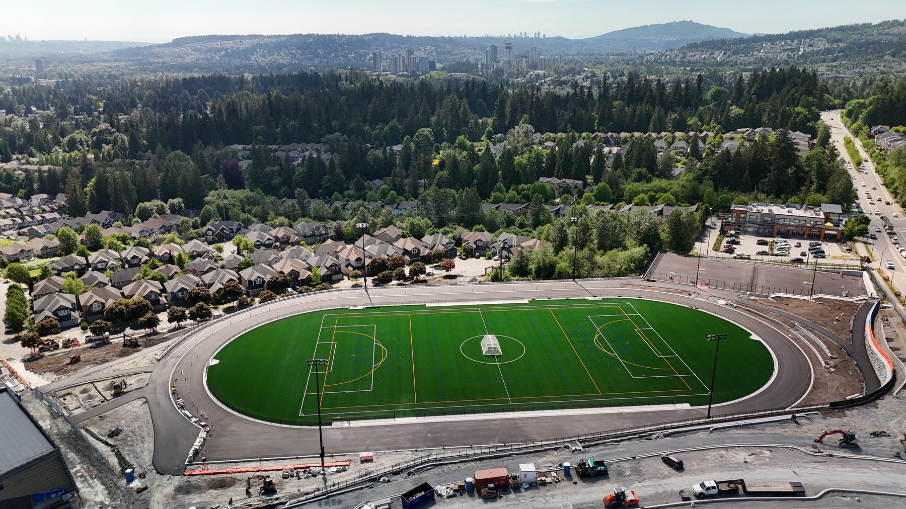Burke Mountain Athletic Park — turf field, track and supporting facilities under construction in May 2026