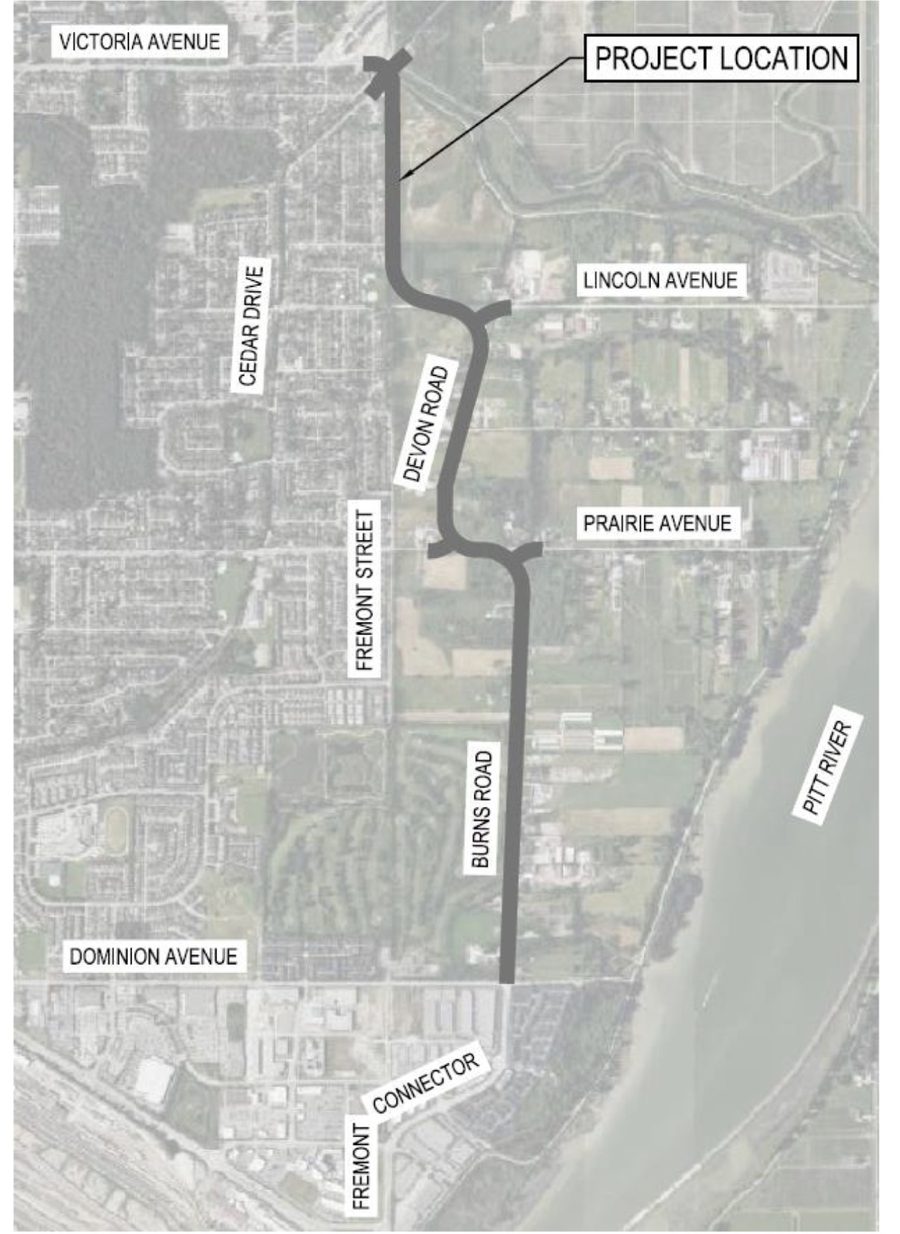 Map of the Fremont Connector route from Victoria Avenue south past Lincoln Avenue, along Devon Road and Prairie Avenue, then down Burns Road to Dominion Avenue and the existing Fremont Connector, beside the Pitt River