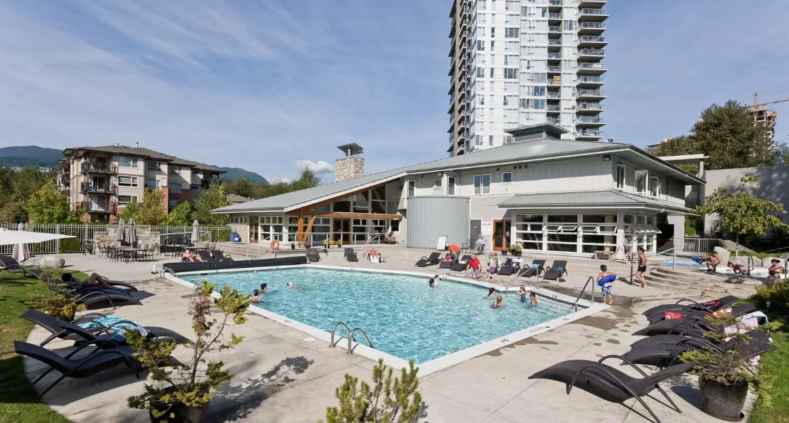 Outdoor pool at the Canoe Club — Klahanie's shared amenity centre in Port Moody