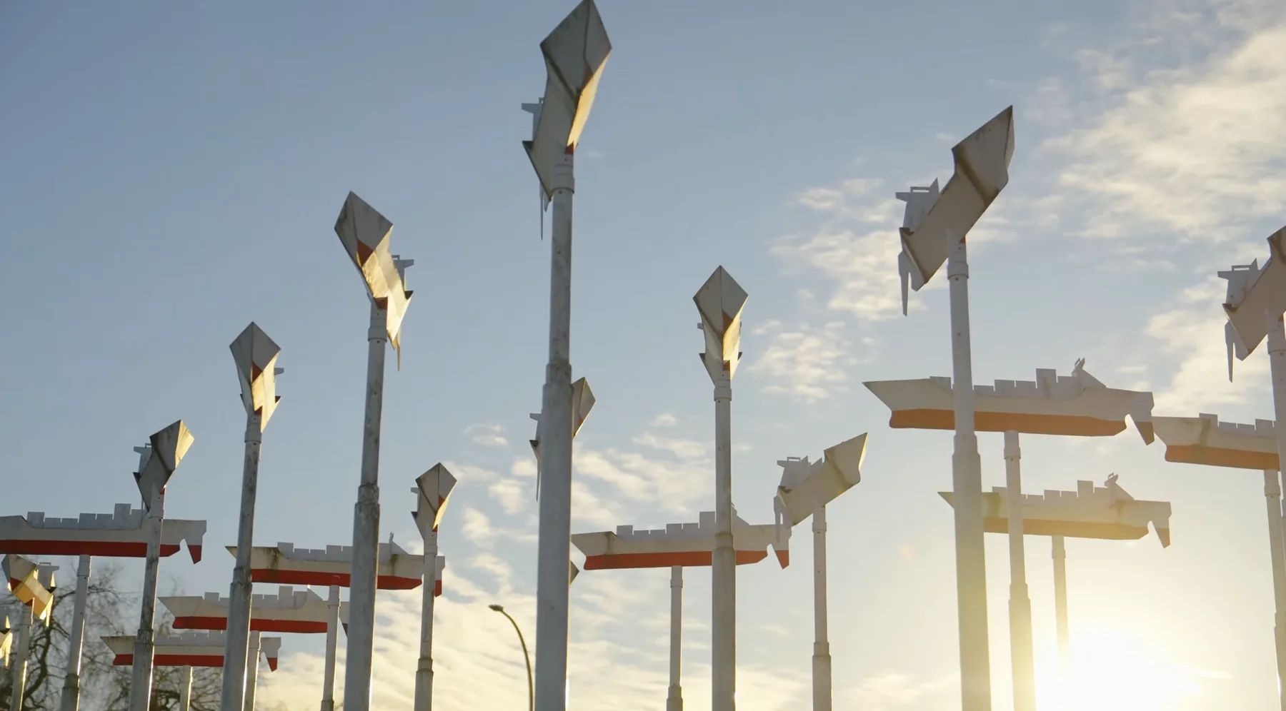 Public art sculpture installation on the Port Moody waterfront at sunset