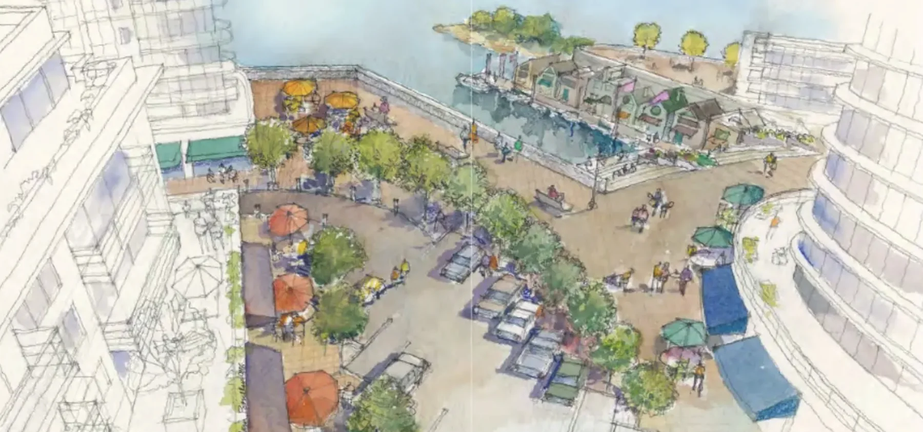 Flavelle Oceanfront District Port Moody — shoreline trail and waterfront residential architecture rendering by WA Architects