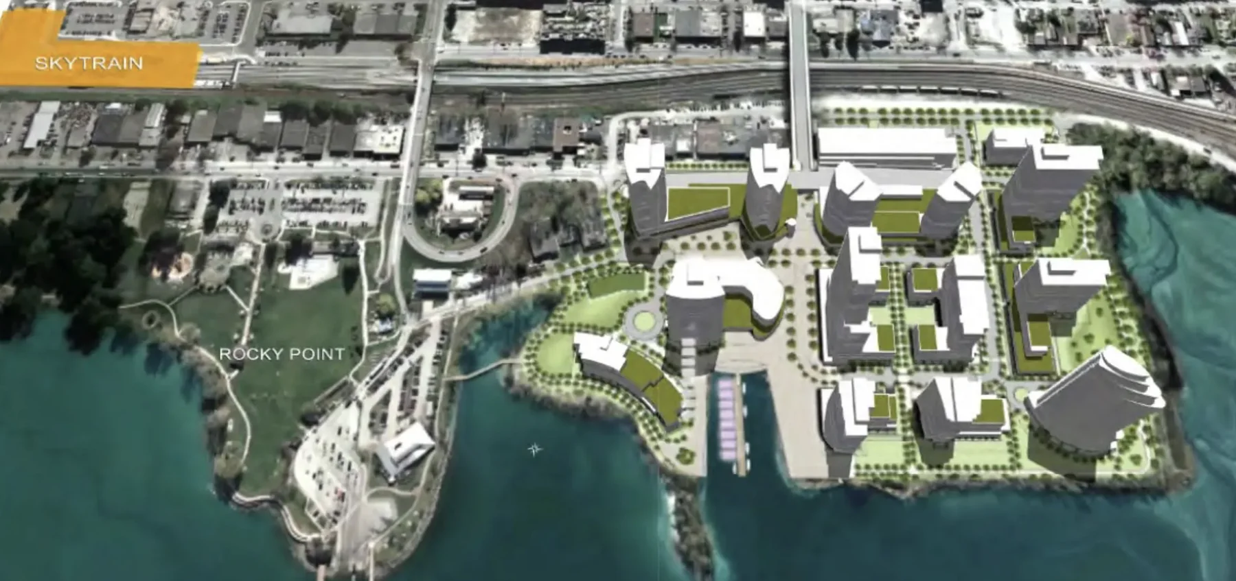 Flavelle Oceanfront District aerial rendering — 11 towers, Rocky Point Park to the east, Moody Centre SkyTrain station to the north