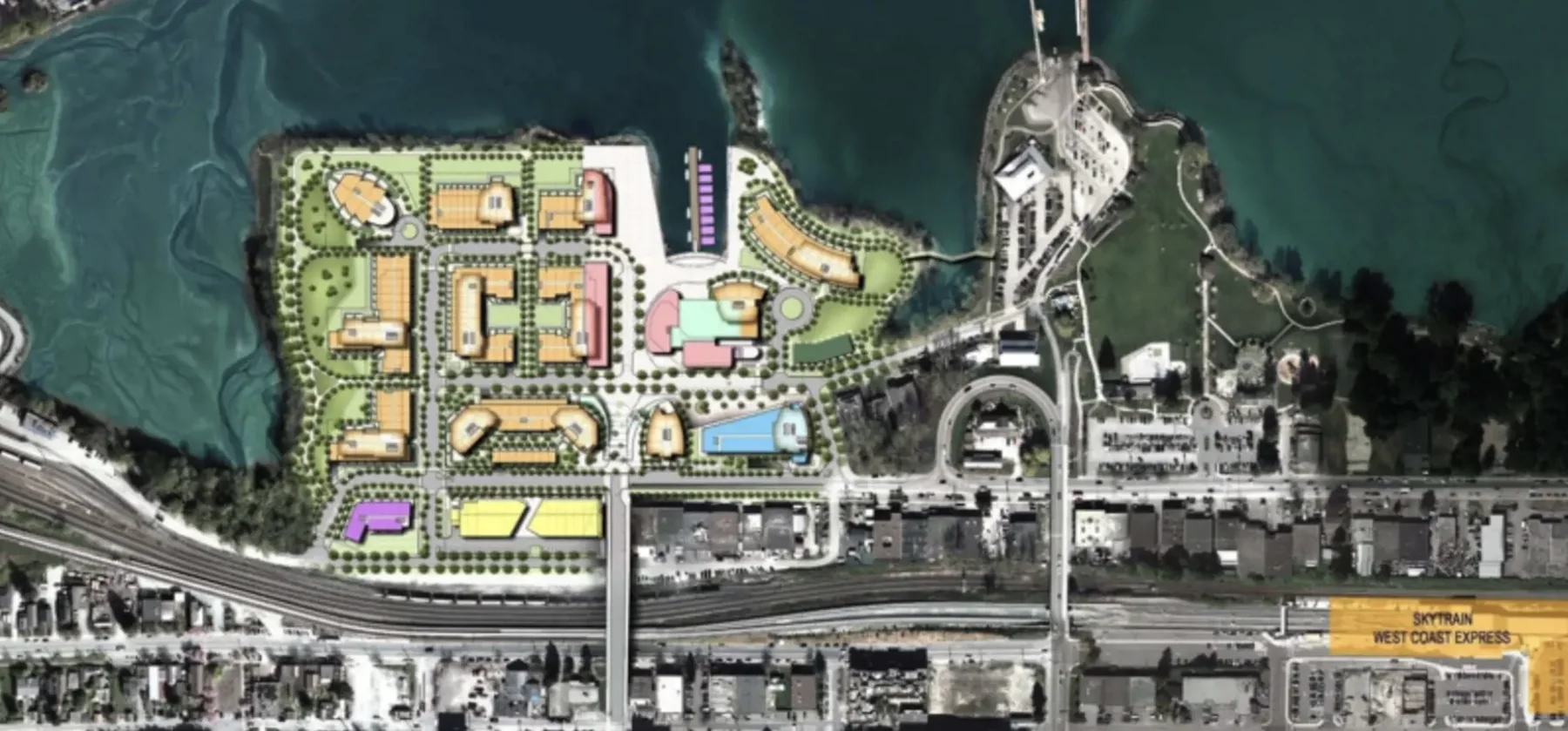 Flavelle Oceanfront District site plan overlay — colour-coded showing residential blocks, parks, plaza, and waterfront boardwalk