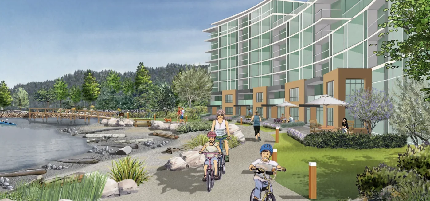 Flavelle Oceanfront District public plaza and waterfront boardwalk — 1.9-acre civic gathering space connecting to Rocky Point Park
