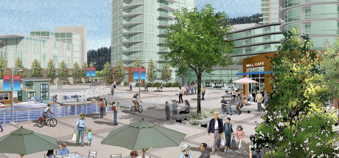 Flavelle Oceanfront District street-level rendering — Mill Cafe, Port Moody City of the Arts banners, ground-floor retail at the base of residential towers