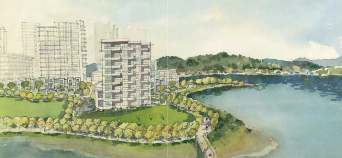 Flavelle Oceanfront District waterfront residential towers — Burrard Inlet view rendering by WA Architects