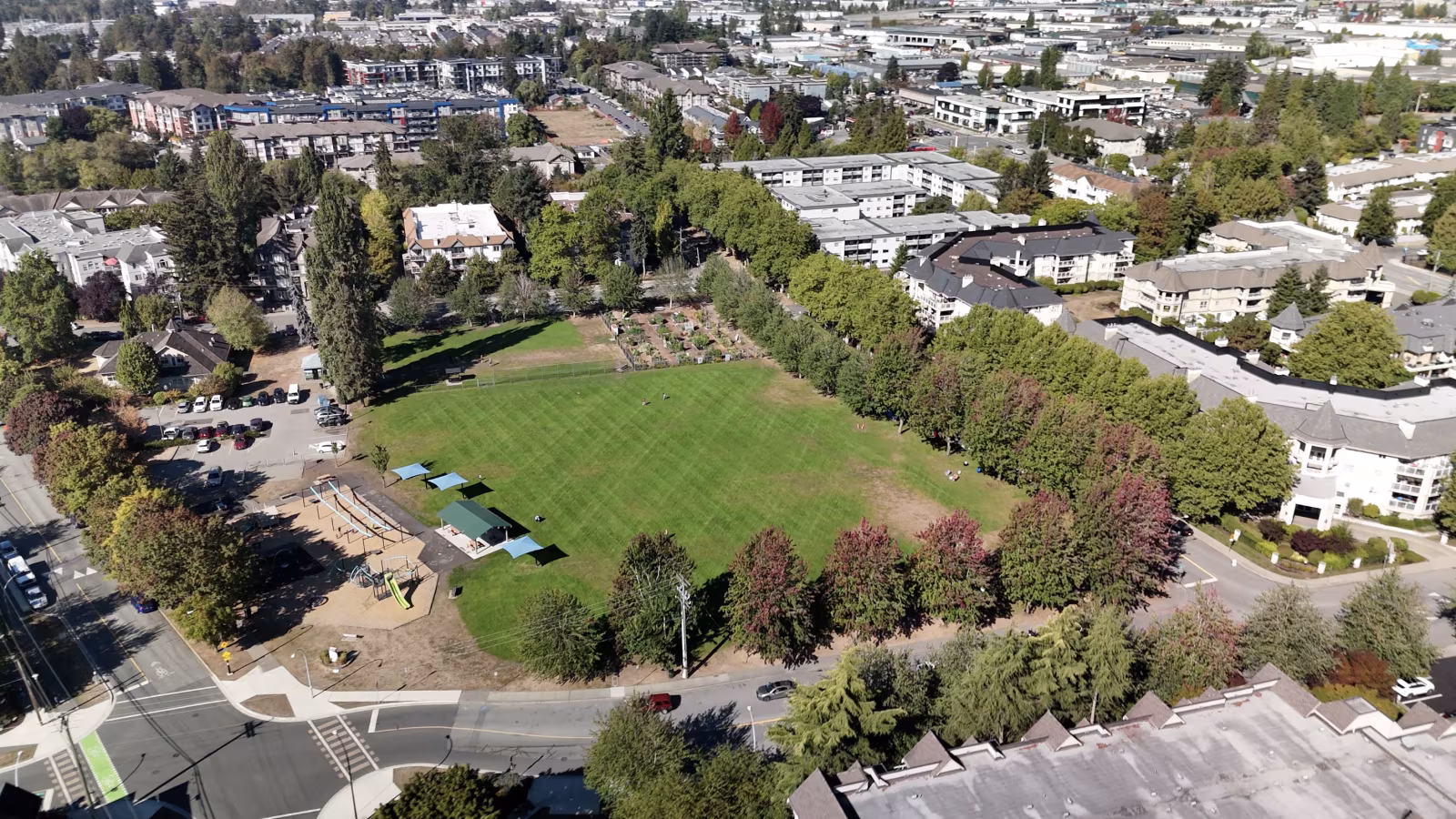 Aerial view of a park with a sports field near 20240 54A Avenue, Langley City