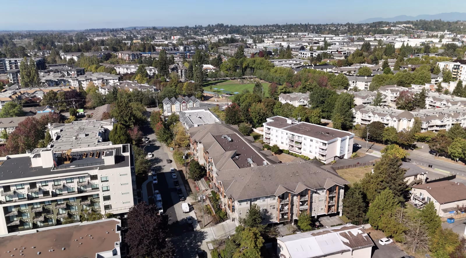 Aerial view over the Langley City neighbourhood around 20240 54A Avenue