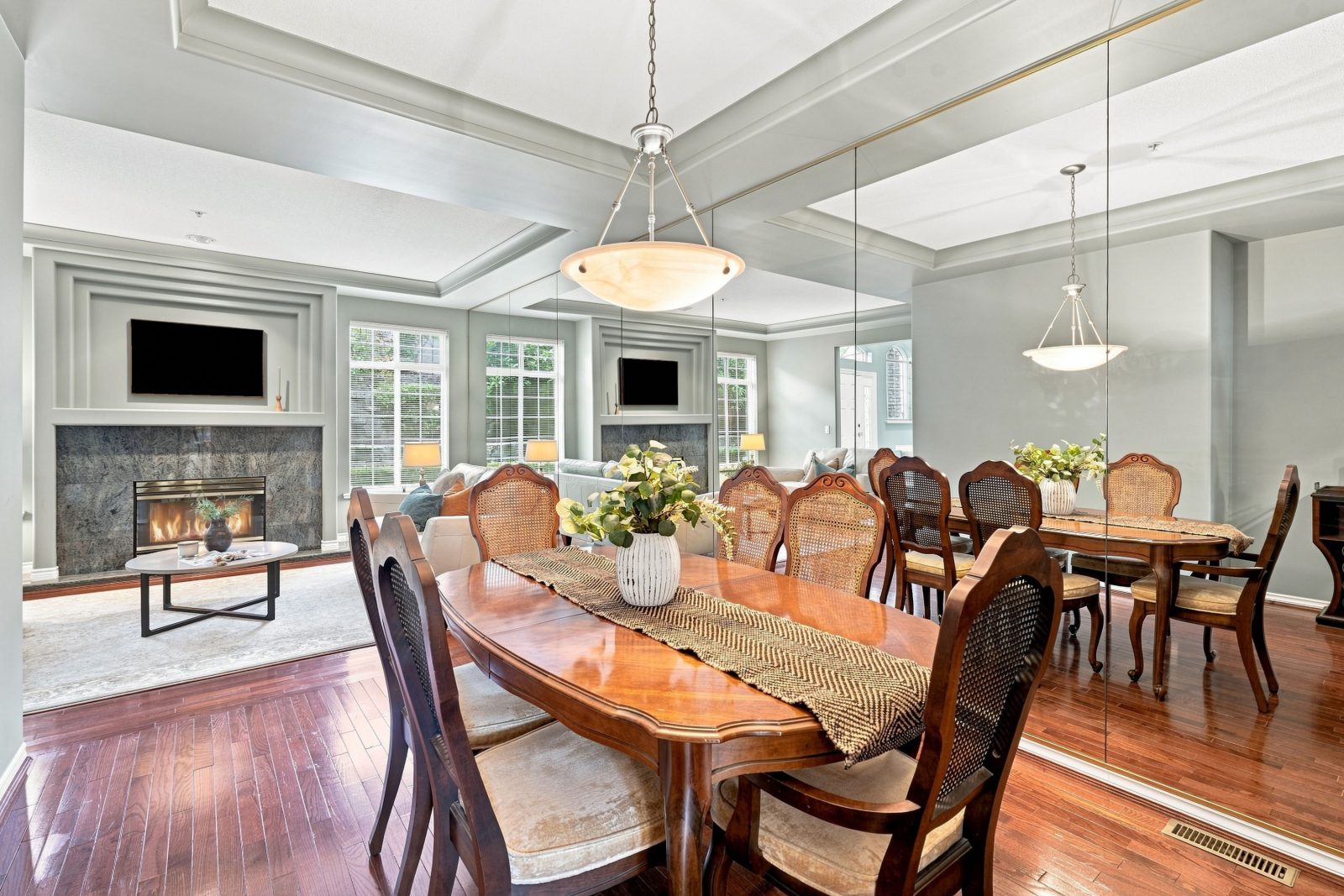 Dining area with pendant lighting next to the living room at #11 915 Fort Fraser Rise, Port Coquitlam