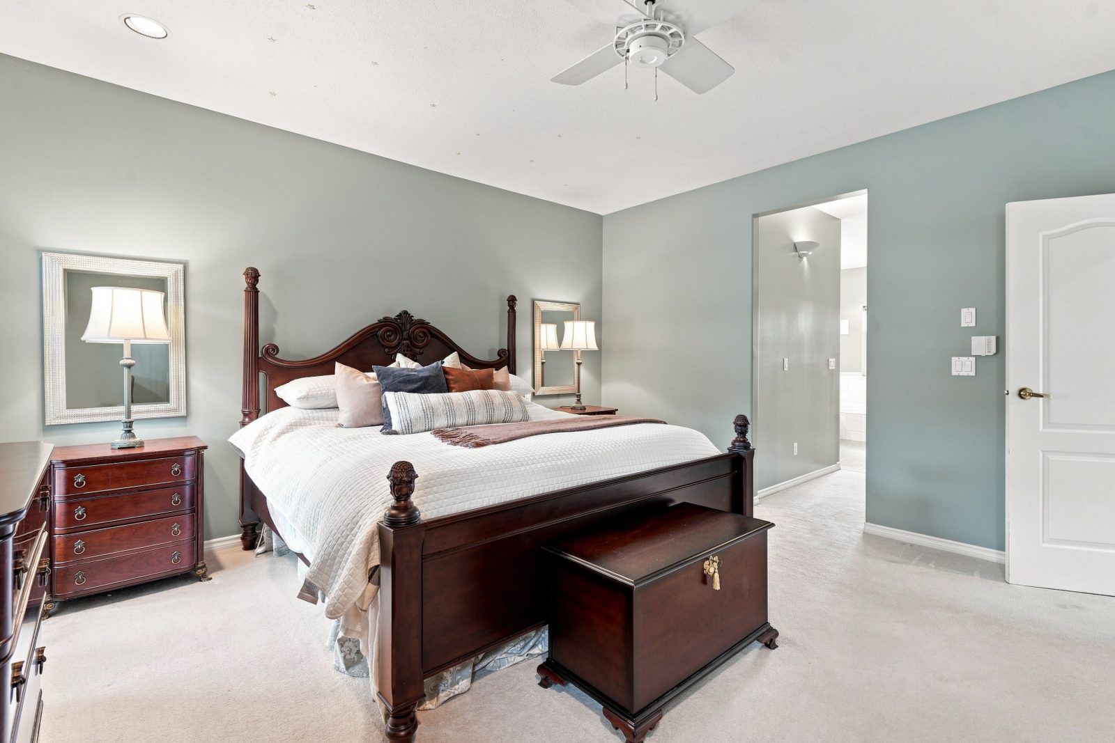 Primary bedroom with ceiling fan and carpet at #11 915 Fort Fraser Rise, Port Coquitlam