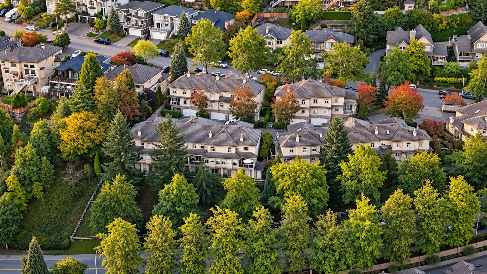 Aerial view of Brittany Place townhomes in Citadel Heights, Port Coquitlam, surrounded by mature evergreen and deciduous trees