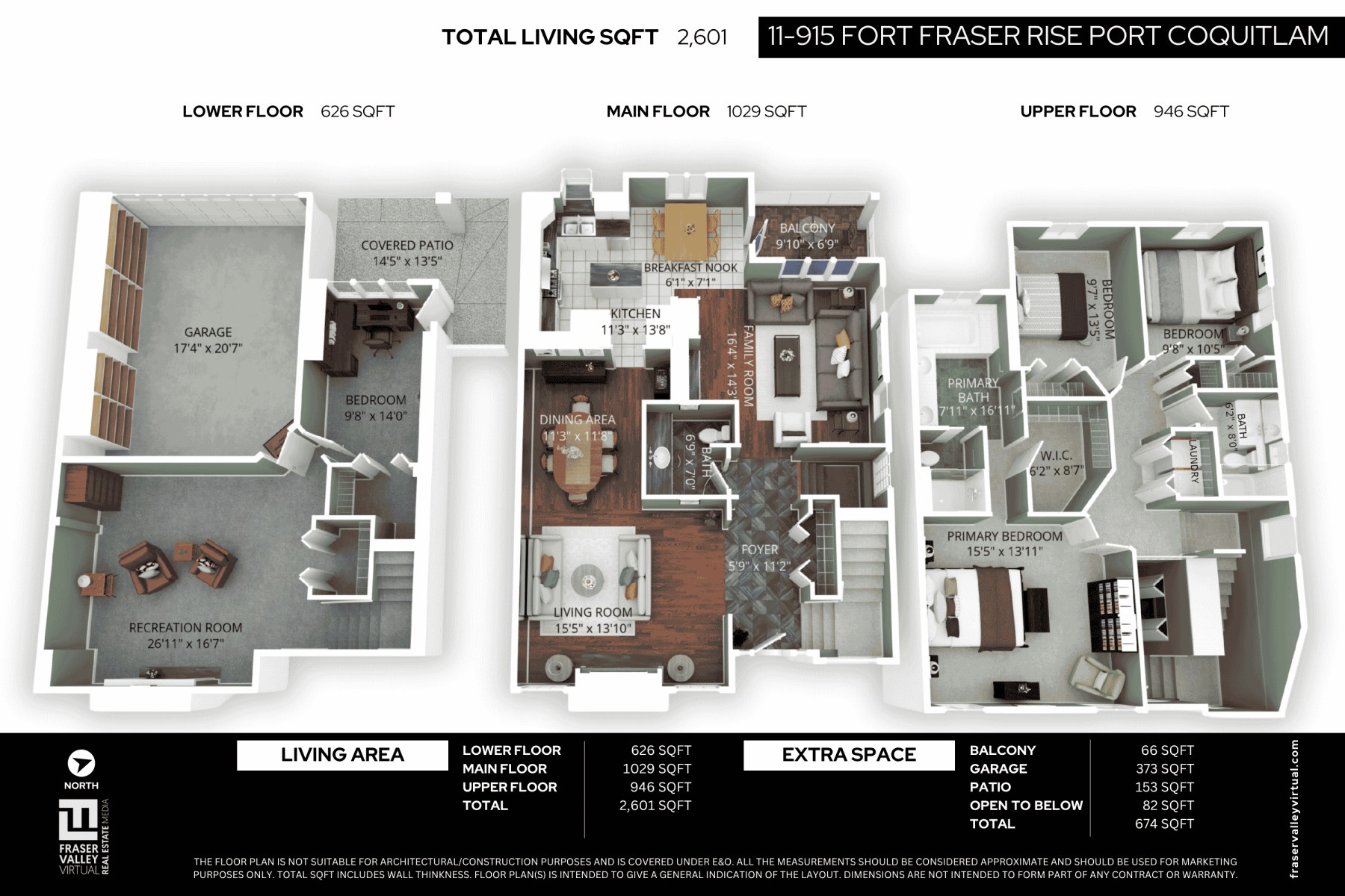 Floor plan of #11 915 Fort Fraser Rise, Port Coquitlam — 2,601 sq ft total living space across lower, main and upper floors