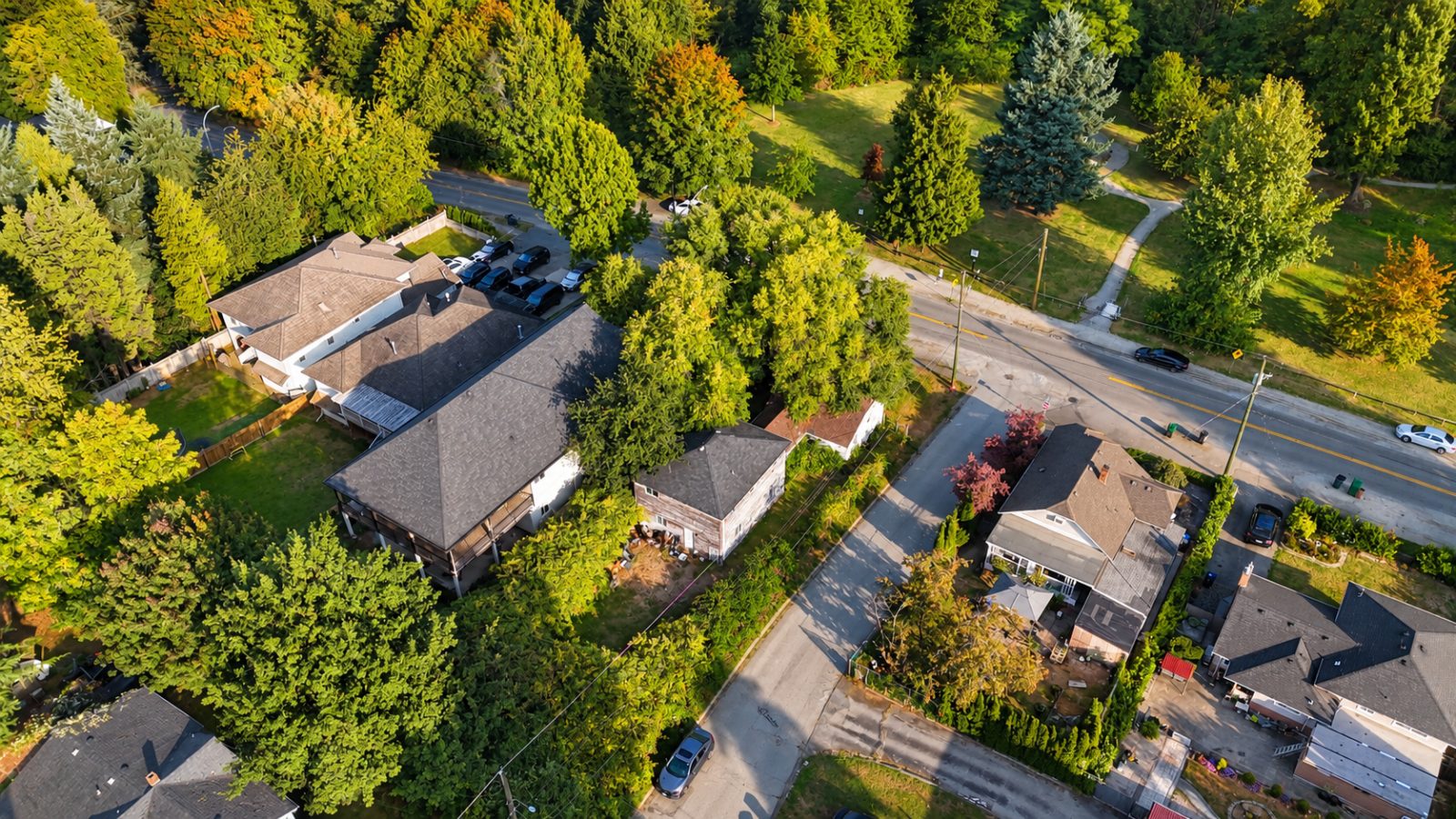 Aerial view of 13090 111 Avenue, North Surrey, showing the house at the front of the deep lot and neighbouring homes