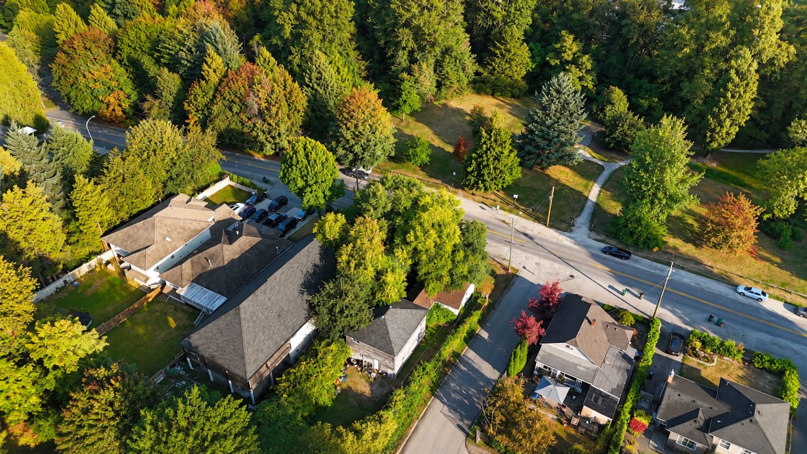 Aerial view over 13090 111 Avenue and the surrounding Whalley streets in Surrey City Centre