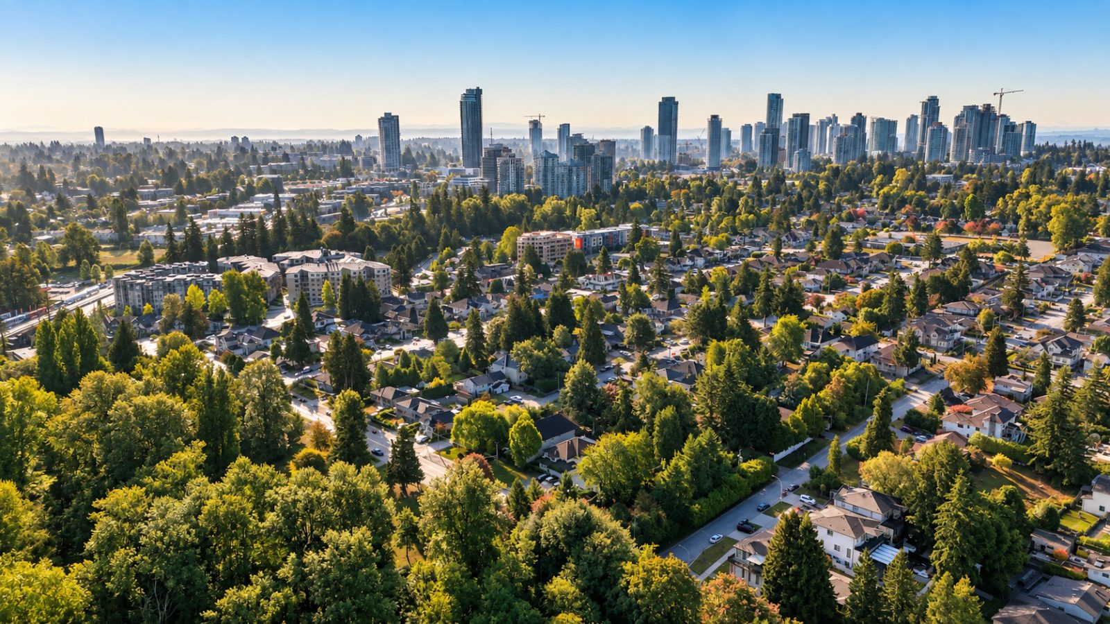 Aerial view from above 13090 111 Avenue toward the Surrey City Centre skyline
