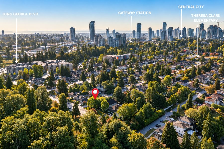 Aerial view from 13090 111 Avenue toward the Surrey City Centre towers, with King George Boulevard, Gateway Station, Central City and Theresa Clarke Elementary labelled