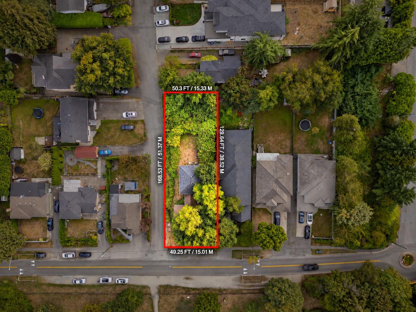 Aerial photo of 13090 111 Avenue, North Surrey with the 8,836 sq ft lot outlined — approximately 49 feet of frontage and 168 feet of depth
